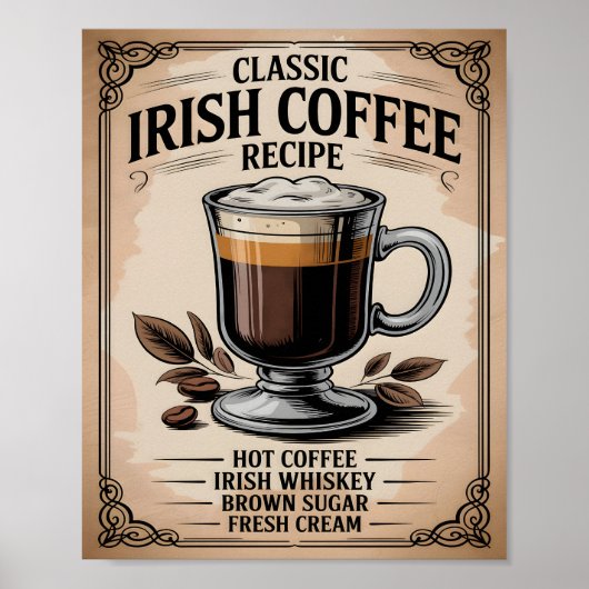 Klassisches Irisches Kaffee-Rezept Vintage Rustika Poster (Vorne)
