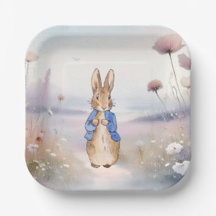 Klassisches Kaninchen-Wildblumenfeld Pappteller