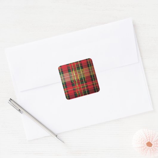 Klassisches Kariertes Tartan "Joy" Calligraphy Dec Quadratischer Aufkleber (Umschlag)