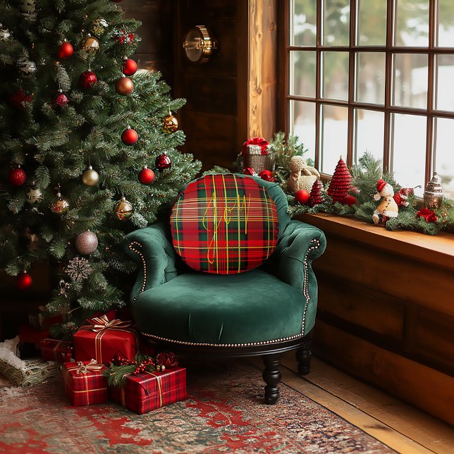 Klassisches Kariertes Tartan "Joy" Calligraphy Dec Rundes Kissen (Stylish Classic Christmas Red and Green Tartan Joy Pillow )