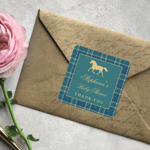 Klassisches Karo Golden Horse Reitsport-Baby-Party Quadratischer Aufkleber