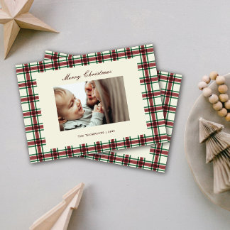 Klassisches Karomuster Weihnachtsfoto mit Schriftz Feiertagskarte
