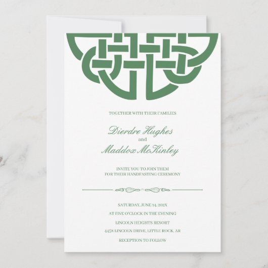 Klassisches keltisches Knot-Grün und Weiß-HandFast Einladung (Vorderseite)