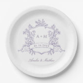 Klassisches Lavendel-Blumenwappen-Monogramm-Hochze Pappteller (Vorderseite)