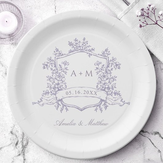 Klassisches Lavendel-Blumenwappen-Monogramm-Hochze Pappteller