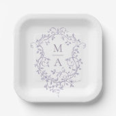 Klassisches Lavendel-Blumenwappen-Monogramm-Hochze Pappteller (Vorderseite)