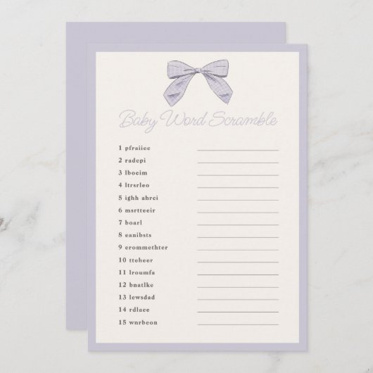 Klassisches Lila Bow Baby Shower Word Scramble Gam Einladung (Vorne/Hinten)