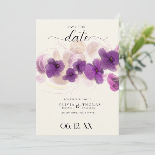 Klassisches Lila Orchid Modernes Boho Foto Hochzei Save The Date (Stehend Vorderseite)