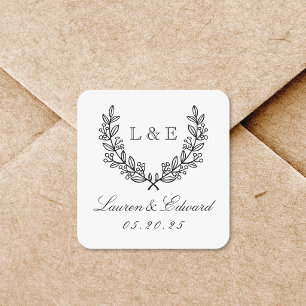 Klassisches Lorbeer-Hochzeitsmonogramm Quadratischer Aufkleber