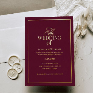 Klassisches Luxus-Burgund Hochzeit mit Gold Folieneinladung