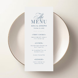 Klassisches Luxus | Weiße und staubblaue Hochzeit Menükarte