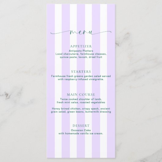 Klassisches Menü Stripe Lilac Menükarte (Vorderseite)