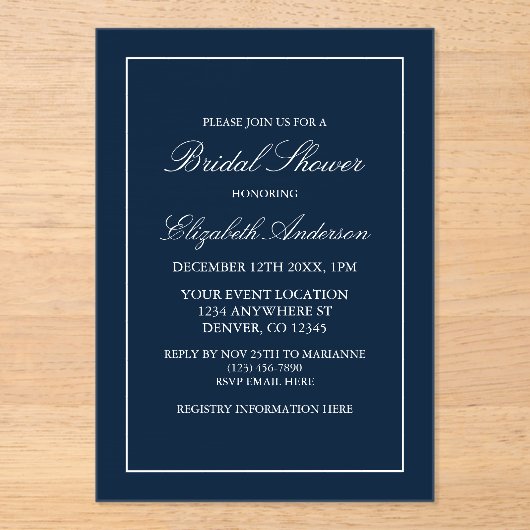 Klassisches Minimalistisch Navy Blue Brautparty Acryleinladungen (Vorderseite)