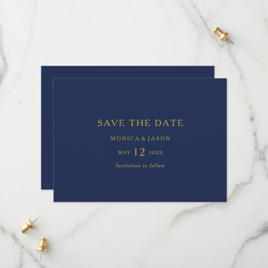 Klassisches Minimalistisch Navy Blue | Gold QR Cod Save The Date (Vorderseite/Rückseite Beispiel)