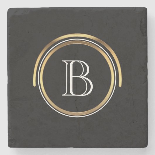 Klassisches mit Monogramm elegantes schwarzes Gold Steinuntersetzer (Vorderseite)