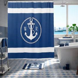 Klassisches Mit Monogramm Nautical Navy Blau und W Duschvorhang