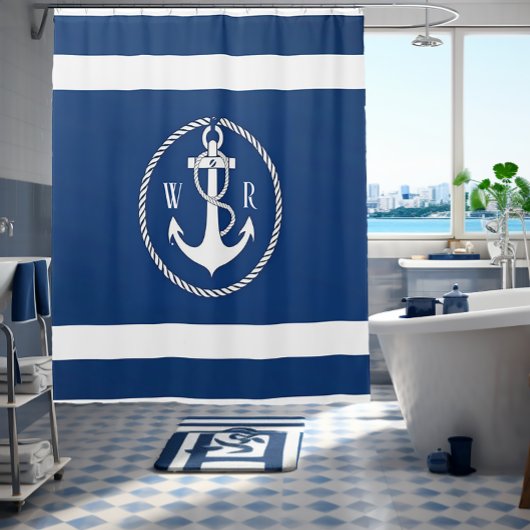 Klassisches Mit Monogramm Nautical Navy Blau und W Duschvorhang