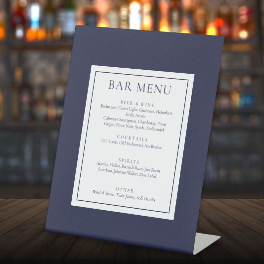 Klassisches, modernes Navy Blue Bar Menu Sockelschild