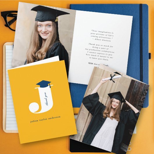Klassisches Monogram J Graduation Cap Modernes Fot Dankeskarte