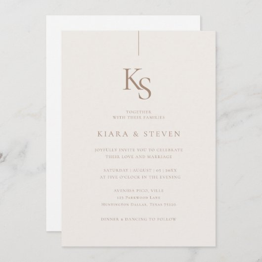Klassisches Monogramm | Bohemische Beige Hochzeit Einladung (Vorne/Hinten)
