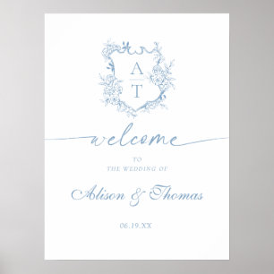 Klassisches Monogramm Dusty Blue Hochzeitsempfang Poster