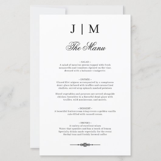 Klassisches Monogramm Elegantes Hochzeitsmenü (Vorderseite)