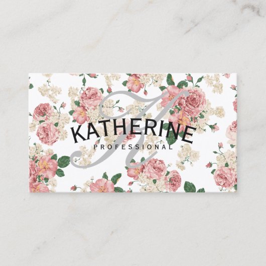 Klassisches Monogramm, grau, Vintag florales Muste Visitenkarte (Vorderseite)