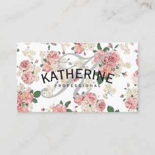 Klassisches Monogramm Grau Vintage-Blumenmuster Visitenkarte