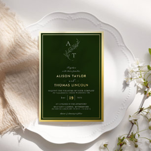 Klassisches Monogramm Hochzeit Gold Tiefes Waldgrü Folieneinladung