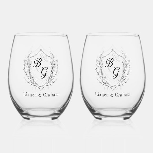Klassisches Monogramm Hochzeitsstichtum neu gezoge Weinglas Ohne Stiel (Rückseite)