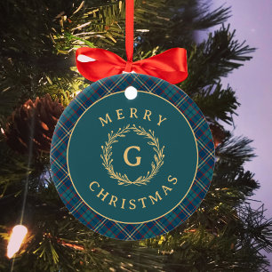Klassisches Monogramm-Karo Dunkelgrün Weihnachtsfo Keramik Ornament