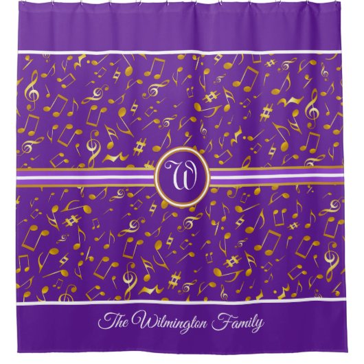 Klassisches Monogramm mit Gold-Musiknote auf LILA Duschvorhang (Vorderseite)
