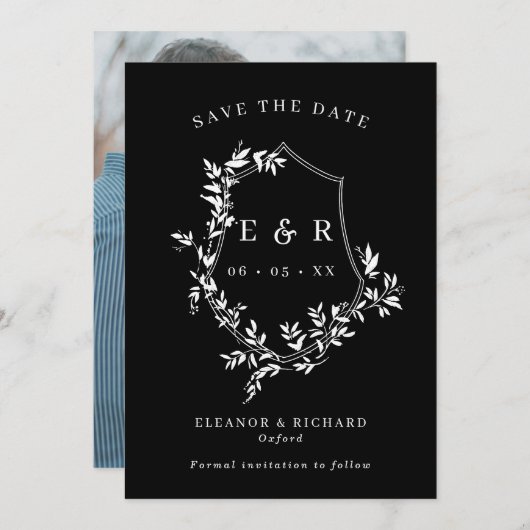 Klassisches Monogramm Wappen Weiß auf Schwarzer Ho Save The Date (Vorne/Hinten)