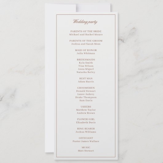 Klassisches Monorgam Brown & Ecru Hochzeitsprogram (Rückseite)