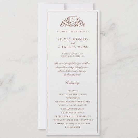 Klassisches Monorgam Brown & Ecru Hochzeitsprogram (Vorderseite)