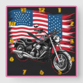 Klassisches Motorrad mit amerikanischer Flagge Quadratische Wanduhr (Vorderseite)