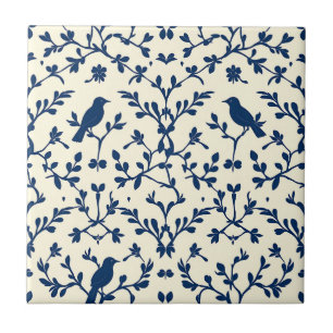 Klassisches Navy Blaues Vogel-Damaskus-Toile-Silho Fliese