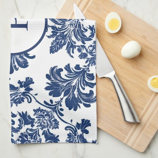Klassisches Navy Blue Damask Muster Geschirrtuch (Viertel Falte)