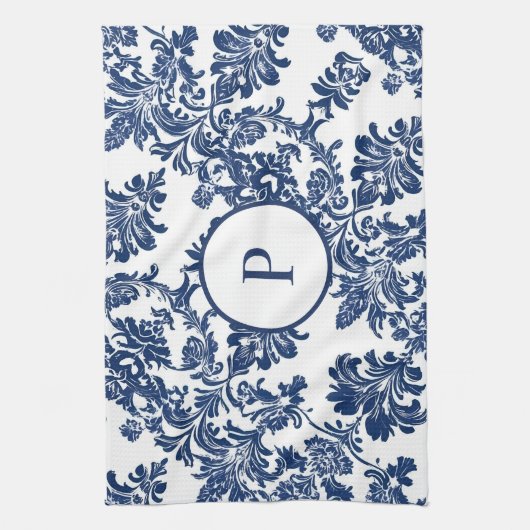 Klassisches Navy Blue Damask Muster Geschirrtuch (Vertikal)