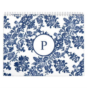 Klassisches Navy Blue Damask Muster Kalender