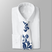 Klassisches Navy Blue Damask Muster Krawatte (Gebunden)