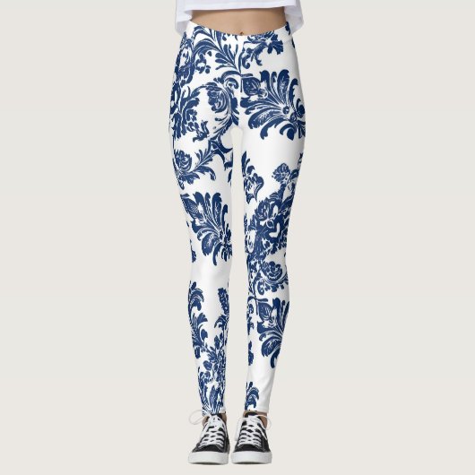 Klassisches Navy Blue Damask Muster Leggings (Vorderseite)