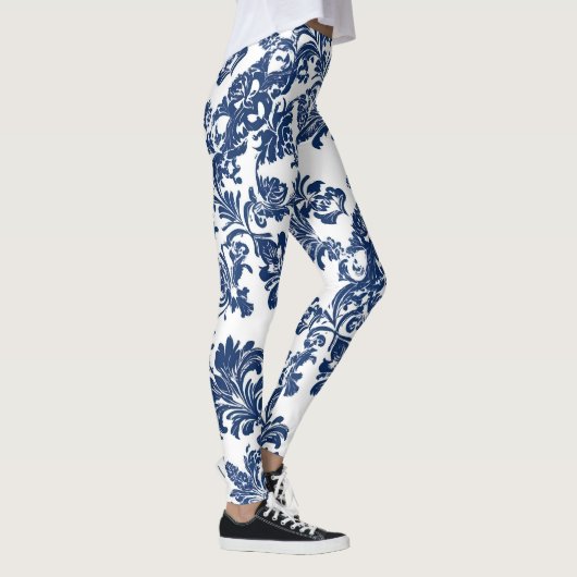 Klassisches Navy Blue Damask Muster Leggings (Rechts)