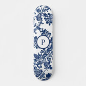 Klassisches Navy Blue Damask Muster Skateboard (Vorne)