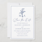 Klassisches Navy-Lilien-Monogramm-Hochzeit Save The Date (Vorderseite)