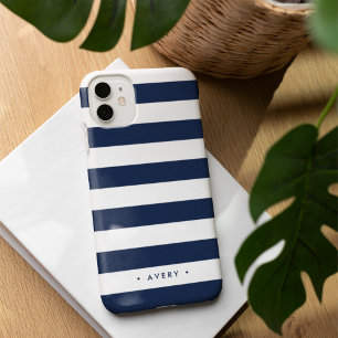 Klassisches Navy- und Weiß gestreiftes Personalisi iPhone 16 Hülle