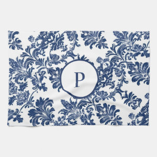 Klassisches Navyblau-Damaskusmuster Geschirrtuch