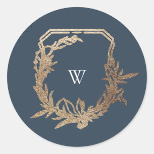 klassisches navyblaues botanisches Motiv-Monogramm Runder Aufkleber