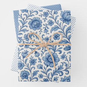 Klassisches niederländisches Delfts Blue Floral Ar Geschenkpapier Set