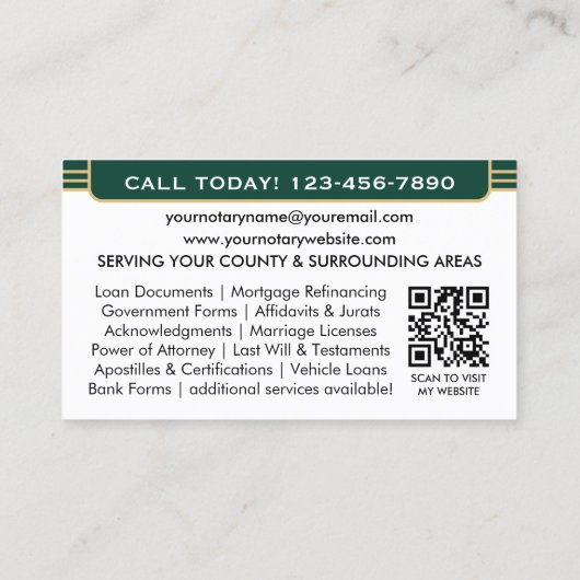Klassisches Notar Signature-Agent-ID-Logo Grün Gol Visitenkarte (Rückseite)